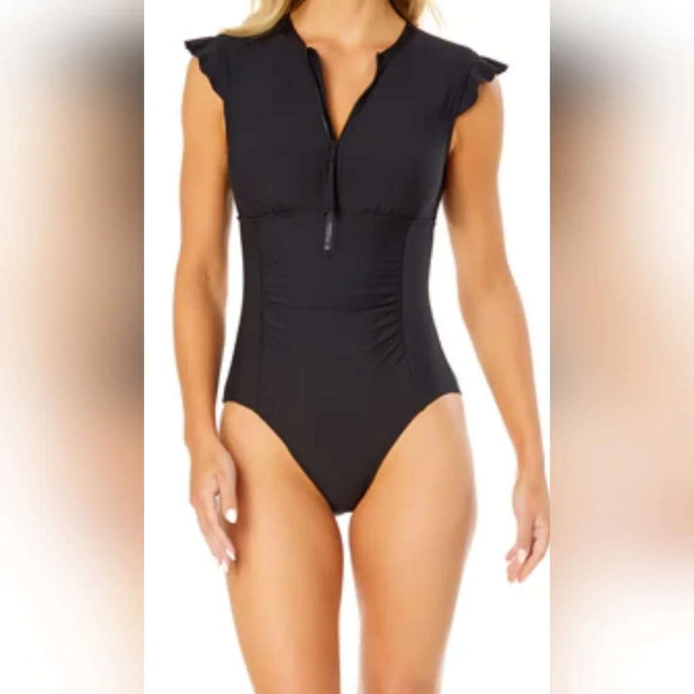 Anne Cole Black Zip-Front Ruffle Sleeve One-Piece Swimsuit - Picture 1 of 7